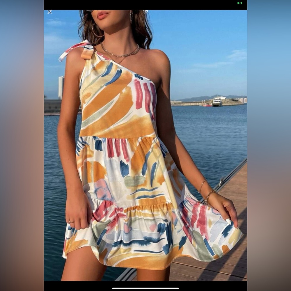 SHEIN * OneShoulder Knot Side Ruffle Hem Dress